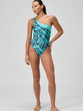 Speedo One-Shoulder Teal and Navy Wave-Print Swimsuit